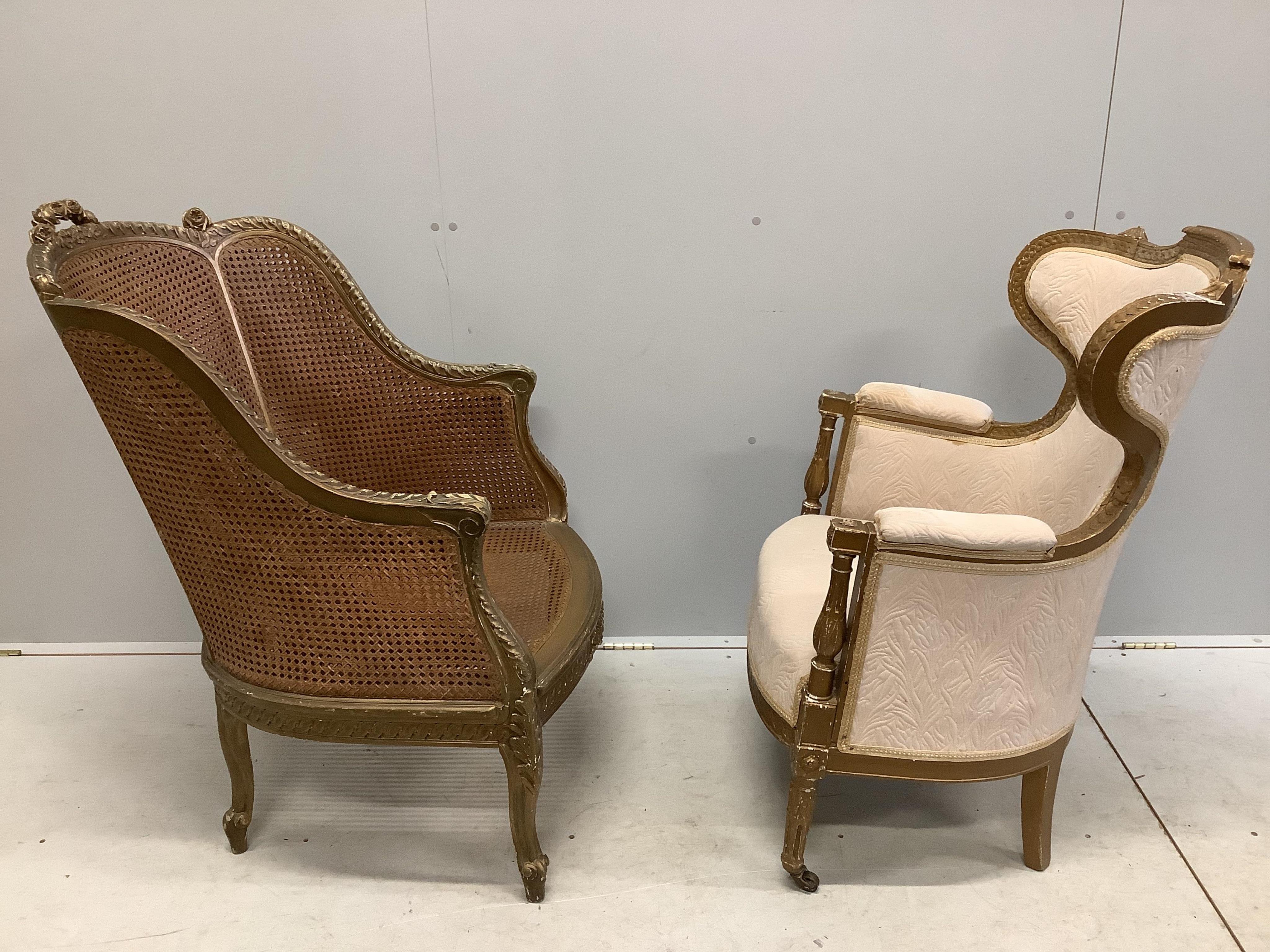 Two Louis XVI style giltwood armchairs, larger width 68cm, depth 72cm, height 100cm. Condition - fair